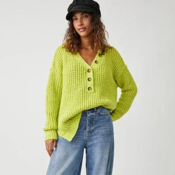Free People Whistle Thermal Henley Knit Sweater in Acid Lime Combo Size XS - Picture 2 of 9